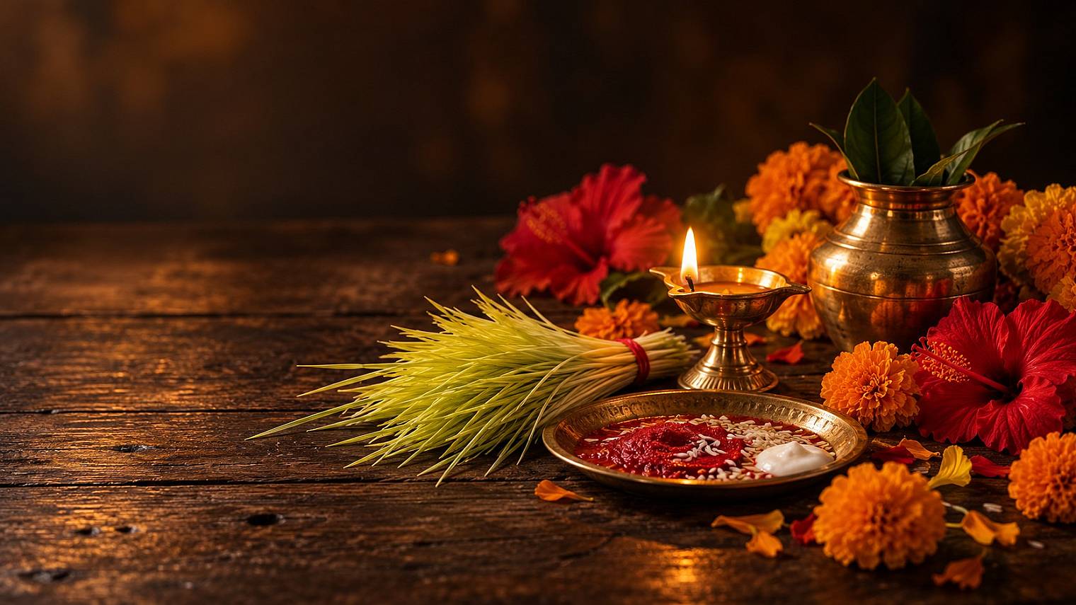 Offergaven voor Dashain en Navratri: een brandende diya, rode tika met rijst, jamara en goudsbloemen