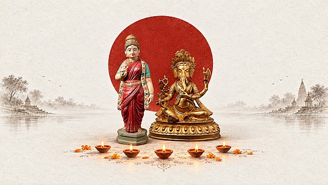 Antique painted terracotta Lakshmi and gilded bronze Ganesha from Nepal with lit Diwali oil lamps, on rice paper with a red sun