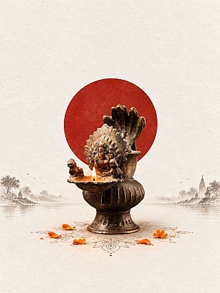 Antique bronze sukunda oil lamp from Nepal with Ganesha, lit for Tihar, on rice paper with a red sun