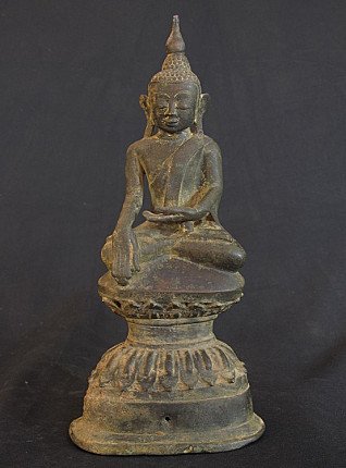 Bronze Ava Buddha statue from Burma (Myanmar), seated on pedestal, full front view