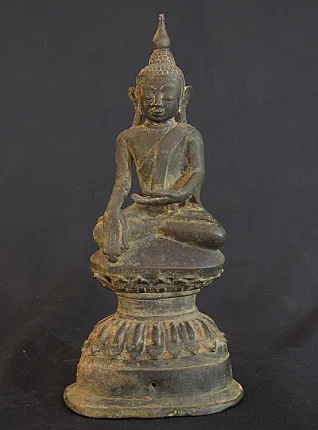 Bronze Ava Buddha statue from Burma (Myanmar), seated on pedestal, full front view