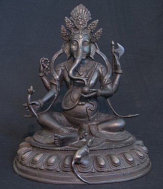 Ganesha bronze statue from India, seated on a lotus base with four arms and a mouse in front
