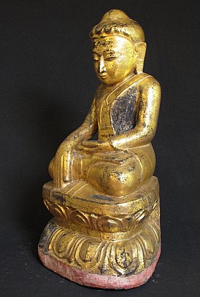 Buddha statue from Burma (Myanmar) in gilded wood, seated, three-quarter left view