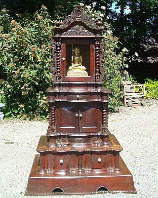 Large 19th-century Burmese wooden Buddha temple shrine with glazed niche, full front view