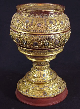 Burmese lacquerware offering vessel, full view on pedestal with gilt floral ornament