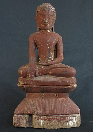 Antique wooden Shan Buddha statue from Burma (Myanmar), seated front view with right hand lowered