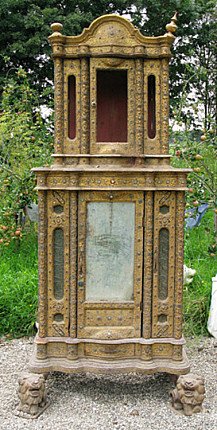 Burmese wooden temple shrine, full-front view with upper cabinet and glass door panel
