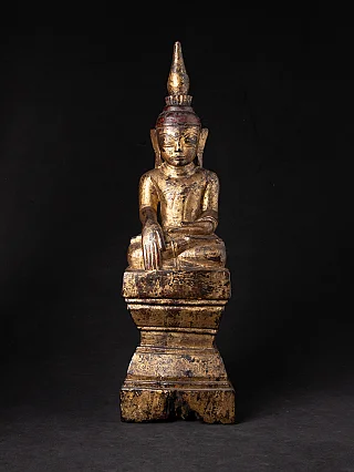 Burmese Shan Buddha statue in wood, seated in bhumisparsha mudra, full-front view