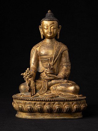 Nepalesische Medizin-Buddha-Statue aus Bronze, sitzend auf Lotossockel, Frontalansicht