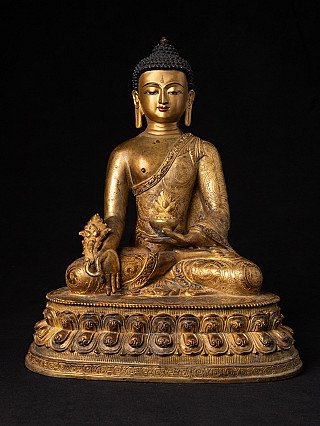 Nepalesische Medizinbuddha-Bronzestatue, sitzend in Varada-Mudra, Frontalansicht