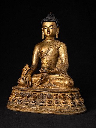 Bronze-Statue des Medizinbuddha aus Nepal, sitzend, Dreiviertelansicht mit Lotussockel