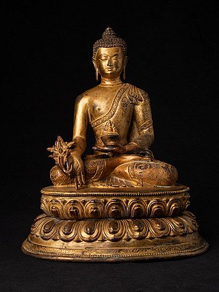 Nepalische bronzene Medizinbuddha-Statue, sitzend von vorn mit Schale und Lotusstängel