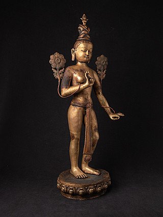 Nepalesische Tara aus Bronze, Dreiviertelansicht mit Lotussockel und Blüten hinter den Schultern