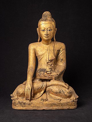 Bronze-Buddha-Statue aus Myanmar (Mandalay), sitzend in Bhūmisparśa-Mudrā, Frontalansicht