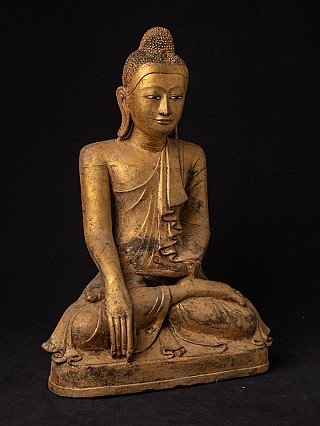 Mandalay-Buddha-Statue aus Bronze, Myanmar, sitzend mit Hand auf dem Knie, Dreiviertelansicht