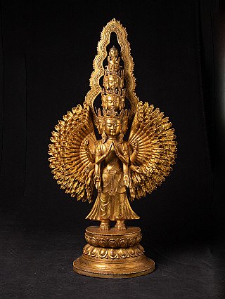 Große chinesische Avalokiteshvara-Statue aus Bronze, stehend, Vorderansicht mit vielen Armen und Köpfen