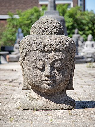 Indonesischer Buddha-Kopf aus Lavastein, Frontalansicht mit geschlossenen Augen