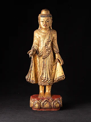 Wooden Mandalay Buddha statue from Burma (Myanmar), full front view on red and gilt base