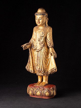 Mandalay Buddha statue from Burma (Myanmar) in wood, three-quarter view with outstretched hand