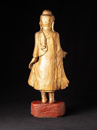 Standing wooden Mandalay Buddha statue from Burma (Myanmar), rear view with robe drapery