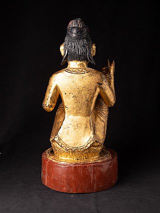 Antike Nat-Statue aus Burma (Myanmar), Rückansicht mit schwarzem Haar und rotem Rundsockel
