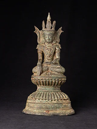 Bronzen gekrönte Buddha-Statue aus Burma (Myanmar), Bhumisparsha-Mudra, Frontansicht