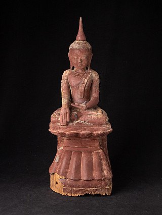 Antique Burmese wooden Buddha statue seated in bhumisparsha mudra, full front view
