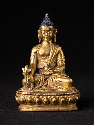 Nepalesische Medizinbuddha-Bronzestatue, sitzend in Frontalansicht auf Lotussockel