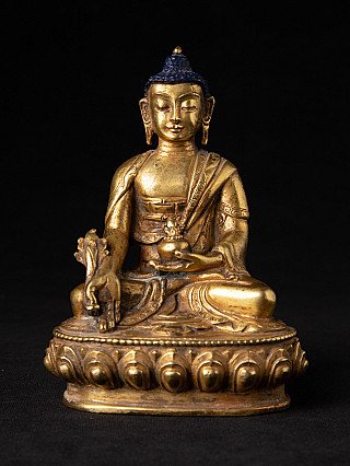 Nepalesische Medizinbuddha-Bronzestatue auf Lotussockel, Frontalansicht