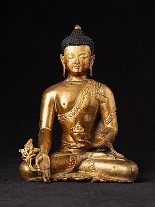 Nepalesische Bronze-Statue des Medizin-Buddha, sitzend, Vorderansicht mit Varada-Mudra und Schale