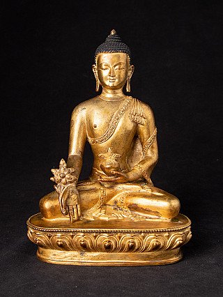 Nepalesische Bronze-Statue des Medizinbuddha, sitzend auf Lotussockel, Frontalansicht