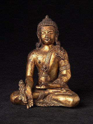 Nepalesische Bronze-Statue des Medizin-Buddha, Frontalansicht sitzend mit Schale
