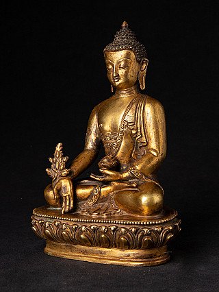 Nepalesische Medizinbuddha-Statue aus Bronze in Dreiviertelansicht, sitzend mit Lotussockel und Schale