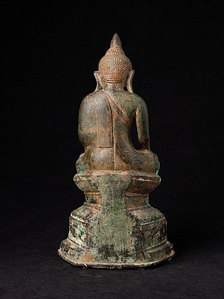 Seated Shan Buddha statue in bronze, rear view showing back and base