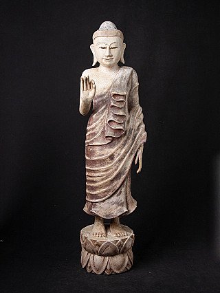 Stehende Mandalay-Buddha-Statue aus Holz aus Myanmar auf Lotussockel, Frontalansicht, Vitarka-Mudra