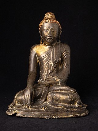 Bronze-Buddha-Statue der Mandalay-Periode aus Burma, sitzend in Bhumisparsha-Mudra, frontal