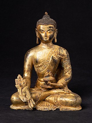 Nepalesische Bronze-Statue des Medizinbuddha, sitzend, Frontansicht mit Varada-Mudra und Schale