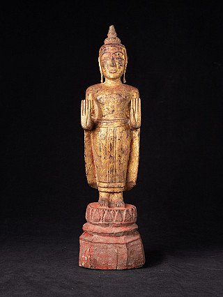 Thai wooden Buddha statue standing in Abhaya mudra, full front view on red base