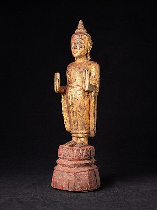 Buddha statue from Thailand in wood, three-quarter left view with Abhaya mudra hands
