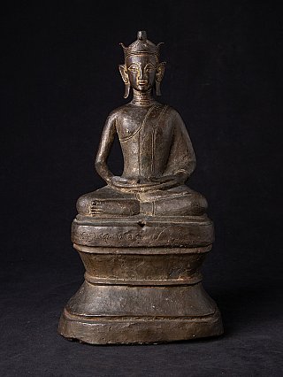 Burmese bronze Buddha statue seated in dhyana mudra on tall base, full front view