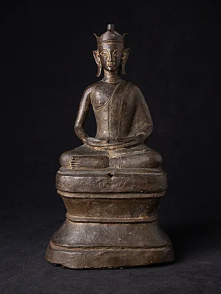 Burmese bronze Buddha statue seated in dhyana mudra on tall base, full front view