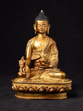 Nepalesische Medizin-Buddha-Statue aus Bronze, sitzend auf Lotossockel, mit Schale und Pflanze