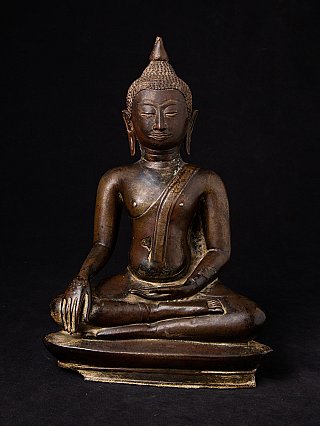 Thai bronze Buddha statue seated in bhumisparsha mudra, full front view
