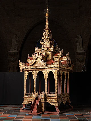 Antique wooden temple shrine from Burma (Myanmar), three-quarter view with stairs