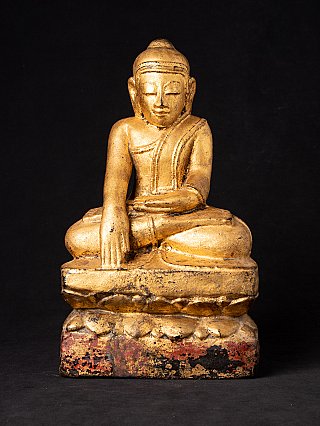Antike Buddha-Statue aus Holz aus Burma (Myanmar), sitzend in Bhumisparsha-Mudra, Frontansicht