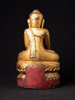 Antike Buddha-Statue aus Holz aus Myanmar, Rückansicht mit Gewandbahn am Rücken