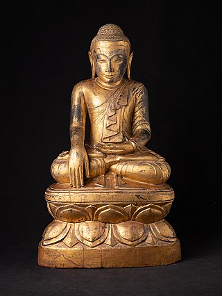 Hölzerne Shan-Buddha-Statue aus Burma, sitzend in Bhūmisparśa-Mudrā, Frontalansicht