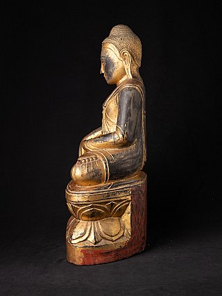 Buddha-Statue aus Holz im Shan-Stil, sitzend auf Lotusbasis, linke Seitenansicht