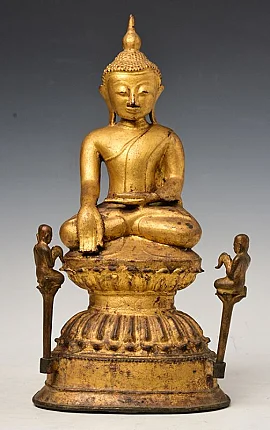 Shan Buddha statue in bronze from Burma (Myanmar), front view, bhumisparsha mudra with small attendants