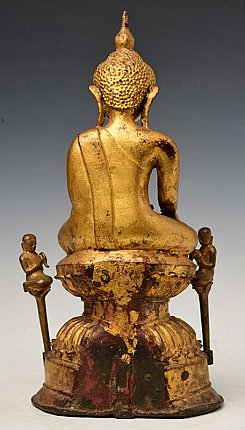 Antike Shan-Buddha-Statue aus Bronze aus Myanmar, Rückansicht mit Lockenhaar und Abnutzung am Sockel